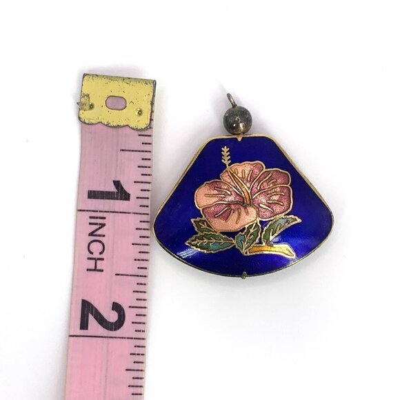 Cloisonne Enamel Pendant With Floral Design Dual Sided Deep Blue/Pink/Gold 1.5" - Picture 3 of 5